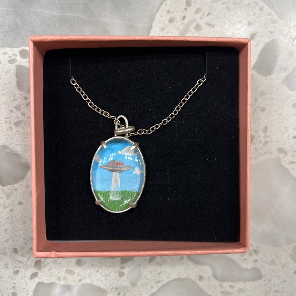 Hand Painted Spaceship Alien Cameo Sterling Silver